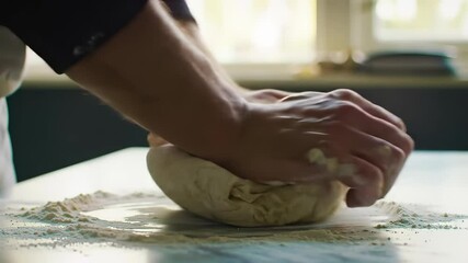 Dough kneading: Chef's hands firmly press fresh dough sprinkled with flour on the counter indoors, skillfully shaping and preparing for baking
