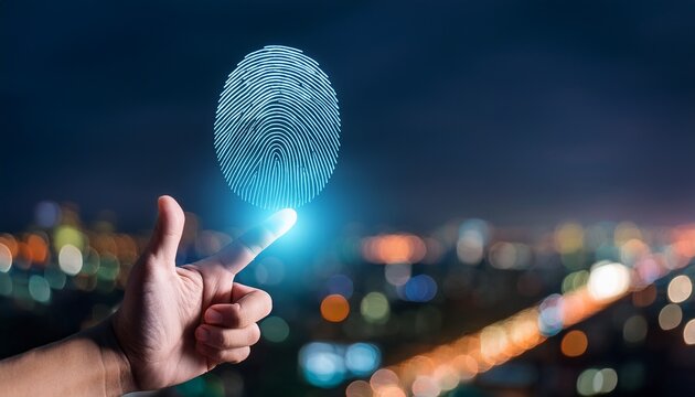 finger with glowing fingerprint and bokeh city lights background