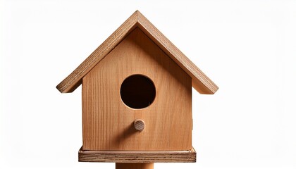 a wooden birdhouse with an open door is isolated on a empty background