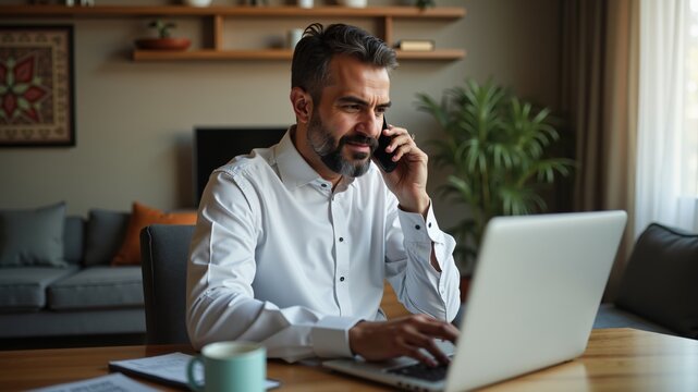 Mature man working remotely from home on laptop and having a phone call Muslim business. Authentic Arabian style.

