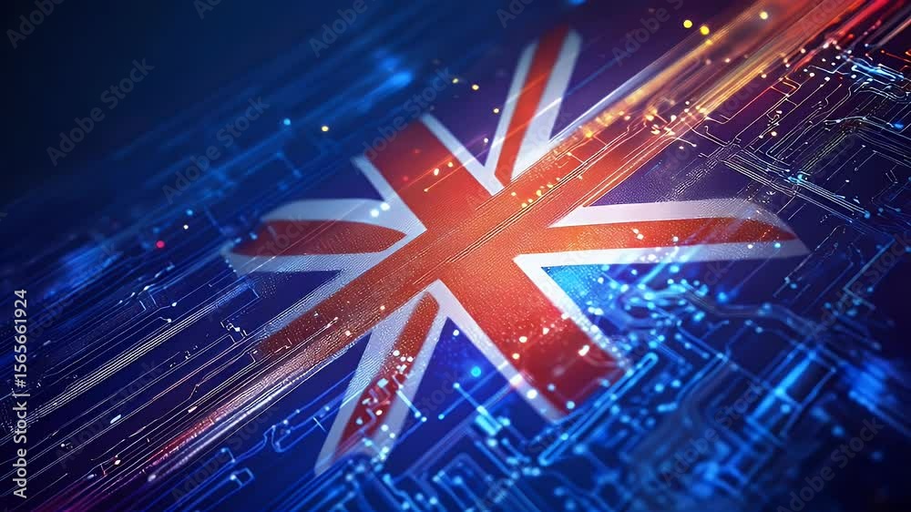 Poster abstract digital illustration featuring a flag integrated within a network of circuit board lines an