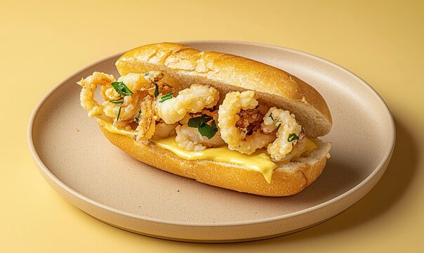 Bocadillo de Calamares Presented Crisply On a Pale Beige Plate With Lemon
