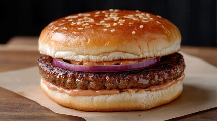 Delicious burger with red onion ring on rustic wooden surface