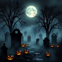A spooky Halloween cemetery scene with fog drifting between old tombstones, bare trees, and eerie jack-o'-lanterns. The full moon casts a ghostly glow, adding to the haunted atmosphere with shadows.