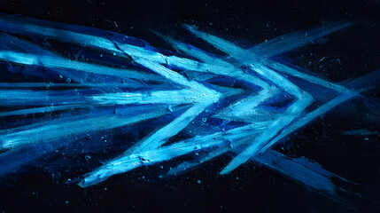 An abstract painting of bright blue, glowing chevrons moving forward with speed and energy on a dark, textured background.