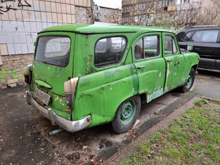 Green old Soviet cargo-and-passenger retro car Moskvich 427,1955 year of release