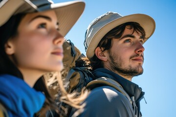 A young couple, wearing hats and backpacks, gazes towards a distant mountain landscape.