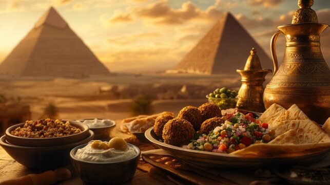 Falafel platter in egypt with the great pyramids of giza at sunset - Powered by Adobe