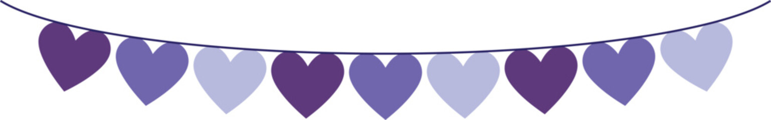 Bunting Banner with Heart Shape Flags - Decorative bunting banner in shades of purple hung on a thin string