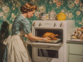 Elegant woman in vintage 1950s dress removing perfectly roasted turkey from oven in retro kitchen with floral wallpaper - classic Thanksgiving cooking scene