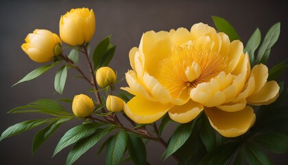 detailed description of a beautiful yellow peony tree branch in full bloom with lush green leaves and vibrant flowers peony tree yellow flower