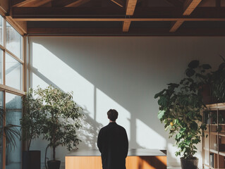 Young man in Minimalistic room, indoor – Natural Light, Wooden Ceiling, and Houseplants