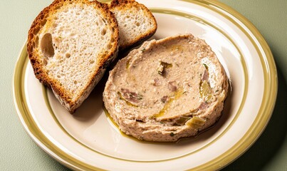 Tasty pork pate and toasted bread on a plate ready to serve