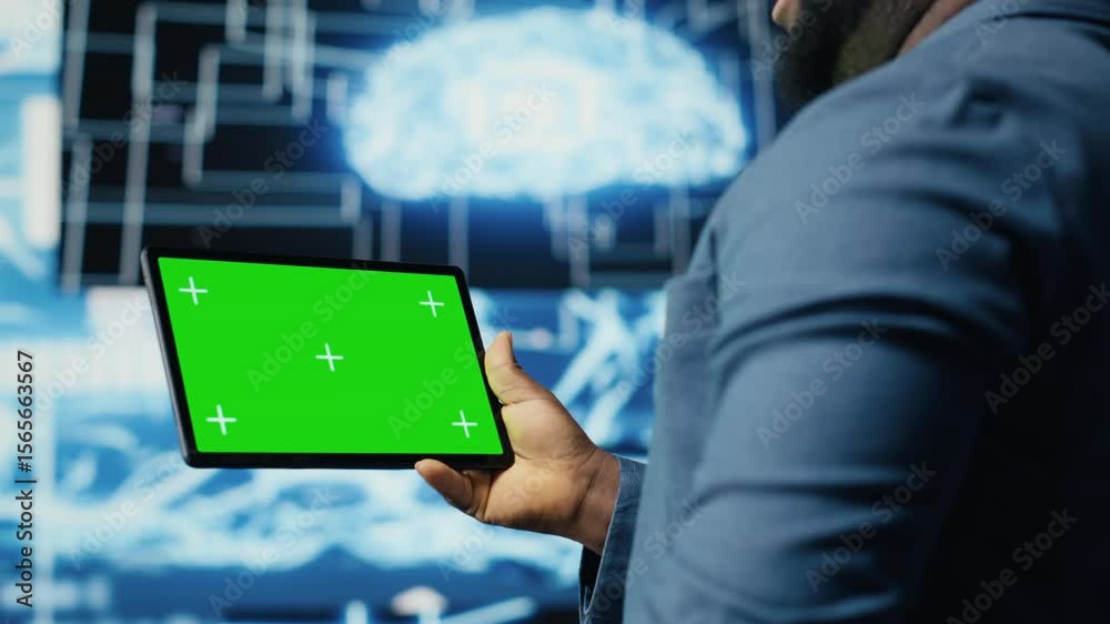 Poster african american engineer shows tablet with isolated mockup display, examining predictive analytics 