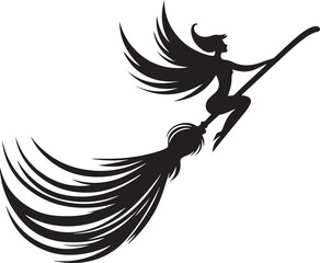 Witch On Broom Logo Vector silhouette 