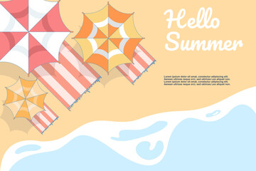 Summer themed illustration, with beach and umbrella and beach.summer travel with beach stuff and waves. Flat vector illustration on background.
