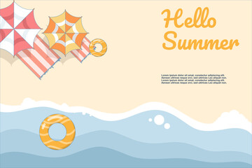 Fototapeta premium Summer themed illustration, with beach and umbrella and beach. summer illustration with beach stuff, buoy and waves. Flat design vector illustration on background.