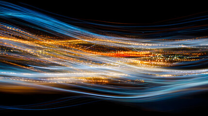 Abstract light trails in blue and orange hues creating a dynamic, flowing pattern against a dark background, suggesting data or energy movement.