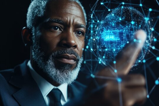 A senior businessman interacts with a digital globe, representing global connectivity and data analysis.