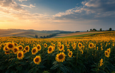 Fototapeta premium A vibrant sunflower field under the warm glow of sunset,