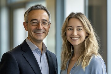A smiling man in a suit and a smiling woman stand shoulder to shoulder, business portrait.