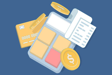 Budget tracking concept. Calculator, receipts, gold coins and credit cards, symbolize expense tracking and budgeting. Money calculator in flat line style. Flat design illustration.