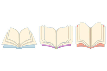 Open Book Concept. Set of open books. Books for reading. Educational textbooks for gaining knowledge. Paper text carrier. Vector illustration