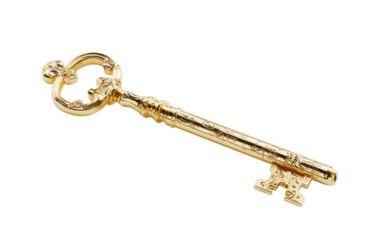 Gold Key Isolated on White and Png Transparent Background
