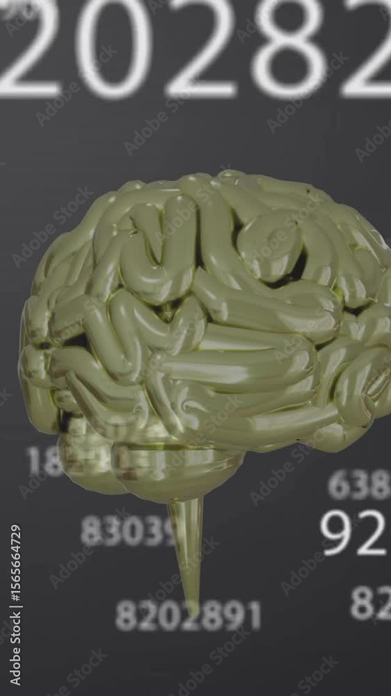 Poster animation of human brain and numbers data processing on grey background