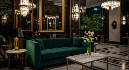 Fototapeta premium Elegant Green Velvet Sofa in a Luxurious Hotel Lobby with Gold Accents and Marble Flooring