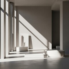 Modern Minimalist Interior with Geometric White Pedestals and Sunlight Shadows – 3D Showcase Background