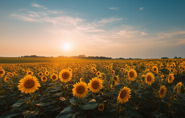 Obraz premium A vibrant sunflower field under the warm glow of sunset,