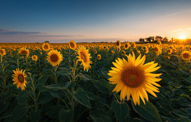 Obraz premium A vibrant sunflower field under the warm glow of sunset,