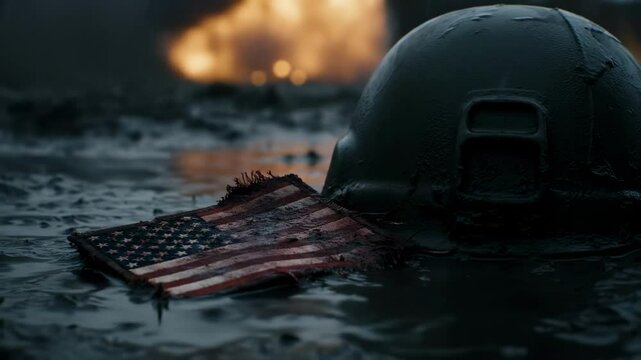 Bloodstained American flag patch lying in mud near fallen soldier&rsquo;s helmet. Rain pouring with artillery flashes in somber battlefield scene cinematic video