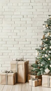 A decorated Christmas tree stands against a whitewashed brick wall. Presents wrapped in kraft paper with simple ribbons sit at its base on a light wood floor, conveying a cozy, holiday atmosphere.
