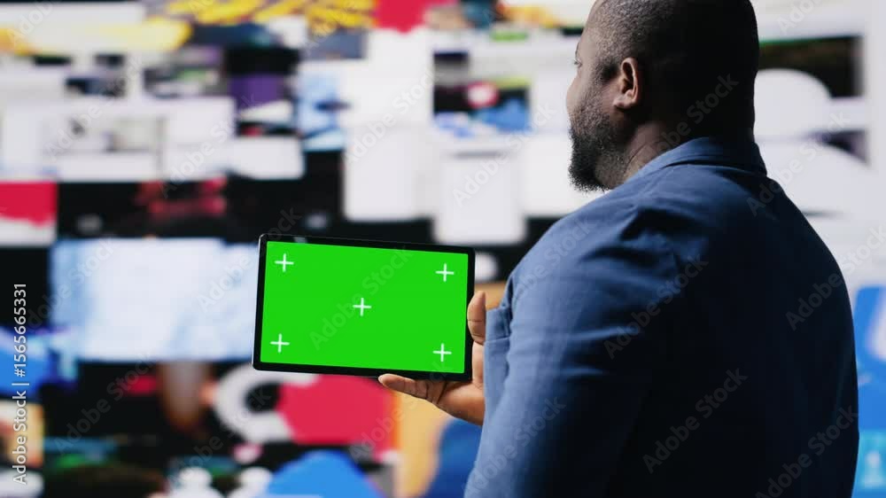 Poster social media environment with a person using copy space device, surrounded by tech visuals, infograp