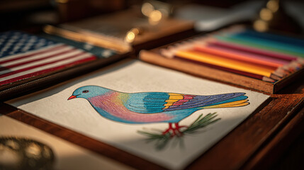 The vibrant drawing of a bird is resting on a wooden surface with colored pencils and a notebook.
