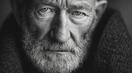 A black and white portrait captures an old man's pensive expression and intense gaze.