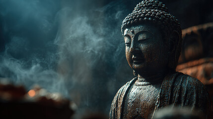 Buddha statue in serene meditation, surrounded by ethereal smoke, evoking tranquility.
