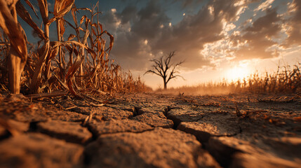 The devastating effects of a severe drought are evident in this arid, sun-scorched landscape.
