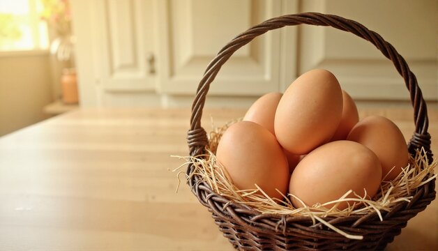 Fresh brown eggs in a rustic wicker basket with straw on a wooden table, warm natural light background, farm fresh concept of organic farming or egg producers