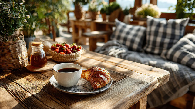 A charming breakfast setup with coffee, a croissant, and fresh strawberries.