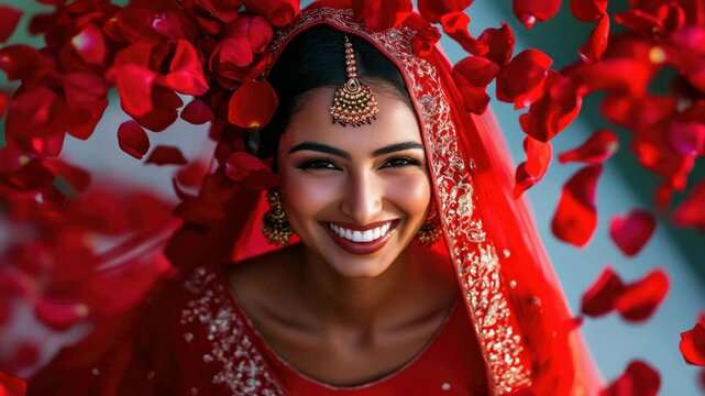 Smiling bride in traditional South Asian wedding finery. Red flowers and ornaments symbolize joy and celebration.
