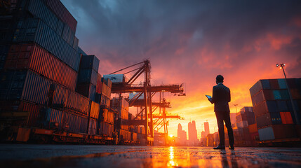 A businessman oversees a shipping yard with a tablet during a vivid sunset, planning global trade.