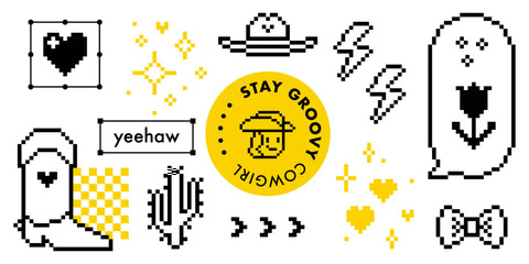 Y2k wild west party vector yellow color design elements of cowboy western boot, hat, sparkles and heart, cactus, cowboy icon. Disco cowgirls party stickers. Retro 8 bit game digital style emoticon set