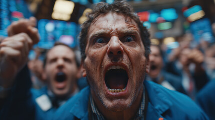 A group of intense stock traders react on the trading floor, showing market volatility.