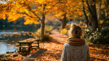 A woman explores an autumn park, enjoying the colorful foliage and peaceful scenery.