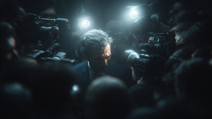Man in a suit facing cameras and lights during a media press conference.