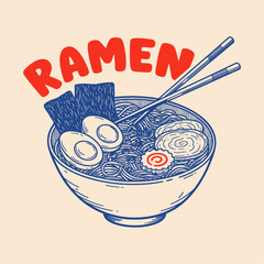 bowl of ramen with chopsticks retro illustration