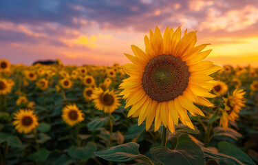 Fototapeta premium A vibrant sunflower field under the warm glow of sunset,